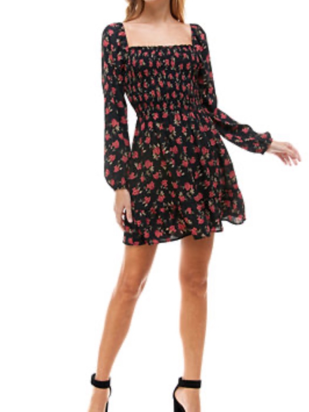 Trixxi Floral Print‎ Long Sleeve Smocked A Line Mini Dress Large L